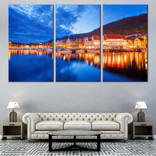 Load image into Gallery viewer, Norway Houses Canvas Print Orange Bergen City Reflection Canvas Artwork Beautiful Blue Cloudy Sky Canvas Boats Canal Lake In Living Room
