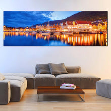 Load image into Gallery viewer, Norway  Houses  Canvas  Print  Orange  Bergen  City  Reflection  Canvas  Artwork  Beautiful  Blue  Cloudy  Sky  Wide  Canvas  Boats  Canal  Lake In Living Room
