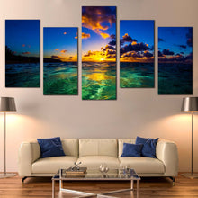 Load image into Gallery viewer, Oahu Ocean Canvas Wall Art Yellow Hawaiian Sunset  5 Piece Canvas Print North Shore Blue Ocean Sky Multi Canvas Artwork In Living Room
