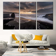 Load image into Gallery viewer, Ocean Beach Canvas Print Dramatic Yellow Cloudy Sky Canvas Set Grey Reynisfjara Beach  3 Piece Canvas Wall Art Beach Black Sand Multi Canvas For Living Room
