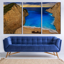 Load image into Gallery viewer, Ocean Beach Canvas Wall Art Brown Zakynthos Island Mountains Canvas Print Greece Blue Sky Navagio Beach 3 Piece Multi Panel Canvas In Living room
