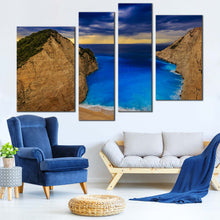 Load image into Gallery viewer, Ocean Beach Canvas Wall Art Brown Zakynthos Island Mountains Canvas Print Greece Blue Sky Navagio Beach 4 Piece Multi Panel Canvas
