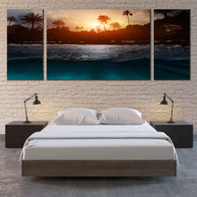 Load image into Gallery viewer, Ocean Beach Canvas Wall Art Grey Sea Waves Canvas Set Yellow Sunset Sky Multiple Canvas Beautiful Scenery Trees  3 Piece Canvas Print For Bedroom
