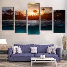 Load image into Gallery viewer, Ocean Beach Canvas Wall Art Grey Sea Waves Canvas Set Yellow Sunset Sky Multiple Canvas Beautiful Scenery Trees  5 Piece Canvas Print For Living room
