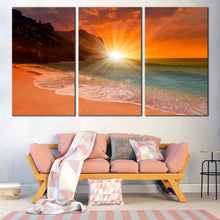 Load image into Gallery viewer, Ocean Beach Canvas Wall Art Yellow Cleopatra Beach Sunset  3 Piece Canvas Print Ocean Mountain Orange Sky Triptych Multiple Canvas For Living Room

