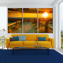 Load image into Gallery viewer, Ocean Beach Canvas Wall Art Yellow Cloudy Sky Multiple Canvas Orange Sunset Ocean  3 Piece Canvas Print In Living Room
