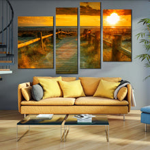 Load image into Gallery viewer, Ocean Beach Canvas Wall Art Yellow Cloudy Sky Multiple Canvas Orange Sunset Ocean  4 Piece Canvas Print
