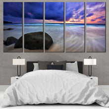 Load image into Gallery viewer, Ocean Boulders Canvas Wall Art Dramatic Blue Cloudy Sunset Sky Multi Canvas Thailand Grey Ocean Rocks Beach  5 Piece Canvas Print For Bedroom
