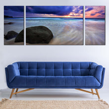 Load image into Gallery viewer, Ocean  Boulders  Canvas  Wall  Art  Dramatic  Blue  Cloudy  Sunset  Sky  Multi  Canvas  Thailand  Grey  Ocean  Rocks  Beach 3  Piece  Canvas  Print In Living Room
