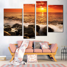 Load image into Gallery viewer, Ocean Boulders Canvas Wall Art Orange Seascape Waves Canvas Set Yellow Sunset Sea Ocean Rocks  4 Piece Canvas Print 
