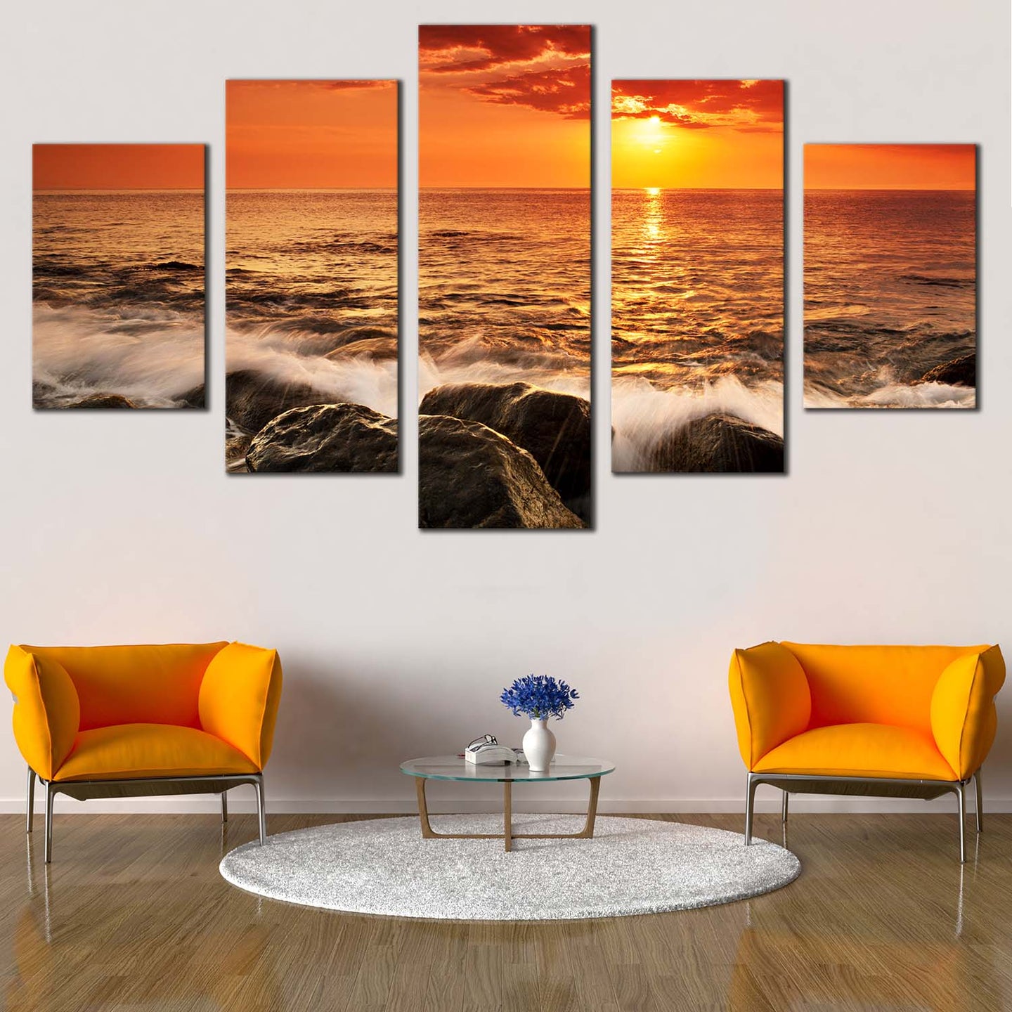 Ocean  Boulders  Canvas  Wall  Art  Orange  Seascape  Waves  Canvas  Set  Yellow  Sunset  Sea  Ocean  Rocks  Living  Room  5  Piece  Canvas  Print For Living room