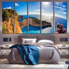 Load image into Gallery viewer, Ocean Cliff Canvas Wall Art Green Navagio Ocean Mountains 5 Piece Canvas Print  Blue Navagio Sunset in Greece Canvas Set For Bedroom
