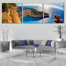 Load image into Gallery viewer, Ocean  Cliff  Canvas  Wall  Art  Living  Room  Green  Navagio  Ocean  Mountains  3  Piece  Canvas  Print  Blue  Navagio  Sunset  in  Greece  Triptych  Canvas  Set For Living Room
