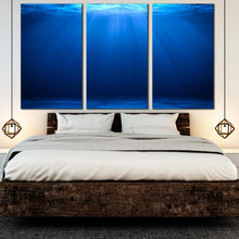 Load image into Gallery viewer, Ocean Deep Blue Water Under the Sea Waves Sunset triptych wall art for Bedroom
