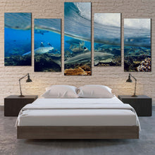 Load image into Gallery viewer, Ocean Fishes Canvas Print Blue Ocean Waves Canvas Set Underwater Grey Sharks  5 Piece Canvas Wall Art
