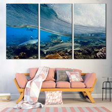Load image into Gallery viewer, Ocean Fishes Canvas Print Blue Ocean Waves Canvas Set Underwater Grey Sharks  3 Piece Canvas Wall Art For Living Room
