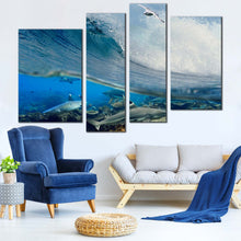 Load image into Gallery viewer, Ocean Fishes Canvas Print Blue Ocean Waves Canvas Set Underwater Grey Sharks  4 Piece Canvas Wall Art 
