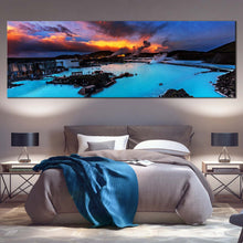 Load image into Gallery viewer, Ocean  Mountain  Canvas  Wall  Art  Blue  Lagoon  Iceland  Bedroom  1  Piece  Canvas  Print  Dramatic  Yellow  Cloudy  Sunset  Sky  Multiple  Canvas For Bedroom
