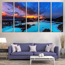 Load image into Gallery viewer, Ocean Mountain Canvas Wall Art Blue Lagoon Iceland  5 Piece Canvas Print Dramatic Yellow Cloudy Sunset Sky Multiple Canvas In Living room
