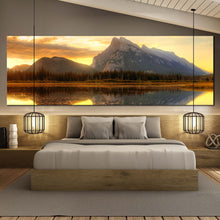Load image into Gallery viewer, Ocean  Mountains  Canvas  Print  Banff  National  Park  Canvas  Artwork  Canada  Grey  Rundle  Mountain  Bedroom  1  Piece  CanvasWall  Art  Vermillion  Lake  Yellow  Sunset  Sky  Wide  Canvas In Bedroom

