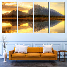 Load image into Gallery viewer, Ocean Mountains Canvas Print Banff National Park Multi Canvas Canada Grey Rundle Mountain  4 Piece Canvas Wall Art Vermillion Lake Yellow Sunset Sky Canvas Set In Living Room
