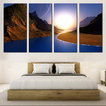 Load image into Gallery viewer, Ocean Mountains Canvas Print Beautiful Blue Moon Sky Sunrise Canvas Artwork Brown Mountains Seascape  4 Piece Canvas Wall Art For Your Bedroom
