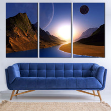 Load image into Gallery viewer, Ocean Mountains Canvas Print Beautiful Blue Moon Sky Sunrise Canvas Artwork Brown Mountains Seascape  3 Piece Canvas Wall Art For Living Room
