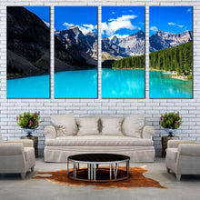 Load image into Gallery viewer, Ocean Mountains Canvas Print Blue Alberta Moraine Lake Canvas Wall Art Green Banff National Park  4 Piece Canvas For Your Living room
