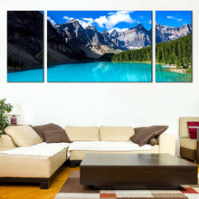 Load image into Gallery viewer, Ocean Mountains Canvas Print Blue Alberta Moraine Lake Triptych Canvas Wall Art Green Banff National Park  3 Piece Canvas For Living Room
