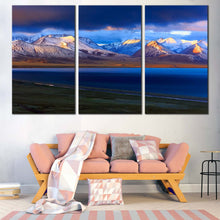 Load image into Gallery viewer, Ocean Mountains Canvas Print Yellow Tibet Sunrise Snowy Mountains  3 Piece Canvas Wall Art China Blue Nam Lake Multi Canvas Artwork In Living Room
