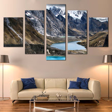 Load image into Gallery viewer, Ocean  Mountains  Canvas  Wall  Art  Brown  Huayhuash  Trek  Landscape 5  Piece  Canvas  Print  White  Snowy  Mountains  Multi  Canvas  Artwork  Three  Lagoon  Scenery  Canvas  Set In Living Room
