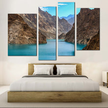 Load image into Gallery viewer, Ocean Mountains Canvas Wall Art Brown Pakistan Mountains Canvas Wall Art Blue Attabad Lake  4 Piece Canvas Print 

