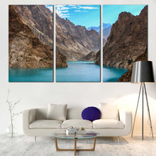 Load image into Gallery viewer, Ocean Mountains Canvas Wall Art Brown Pakistan Mountains Canvas Wall Art Blue Attabad Lake  3 Piece Canvas Print In Living Room
