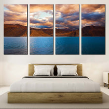 Load image into Gallery viewer, Ocean Mountains Canvas Wall Art Cloudy Blue Pangong Tso Lake  4 Piece CanvasPrint Jammu Brown Mountains Scenery Multi Canvas India Ladakh Mountain Water Sky Canvas Set For Bedroom
