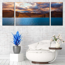 Load image into Gallery viewer, Ocean Mountains Canvas Wall Art Cloudy Blue Pangong Tso Lake  3 Piece Canvas Print Jammu Brown Mountains Scenery Multiple Canvas India Ladakh Mountain Water Sky Multi Ca For Living Room
