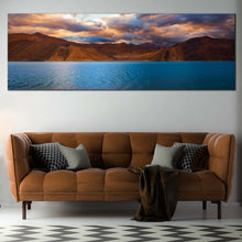 Load image into Gallery viewer, Ocean  Mountains  Canvas  Wall  Art  Cloudy  Blue  Pangong  Tso  Lake  Living  Room  Panoramic  Canvas  Print  Jammu  Brown  Mountains  Scenery  Wide  Canvas  India  Ladakh  Mountain  Water  Sky  Canvas  Art For Living Room
