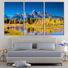 Load image into Gallery viewer, Ocean Mountains Canvas Wall Art Grand Teton National Park Canvas Set Golden Aspen Trees  3 Piece Canvas Print Blue Sky Snake River Multi Canvas For Bedroom
