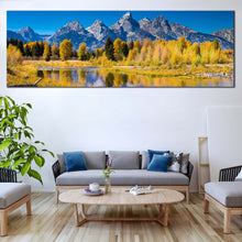 Load image into Gallery viewer, Ocean  Mountains  Canvas  Wall  Art  Grand  Teton  National  Park  Canvas  Set  Golden  Aspen  Trees  Living  Room  1  Piece  Canvas  Print  Blue  Sky  Snake  River  Multi  Canvas In Living Room
