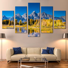 Load image into Gallery viewer, Ocean  Mountains  Canvas  Wall  Art  Grand  Teton  National  Park  Canvas  Set  Golden  Aspen  Trees 5  Piece  Canvas  Print  Blue  Sky  Snake  River  Multi  Canvas In Living room
