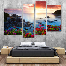 Load image into Gallery viewer, Ocean Mountains Canvas Wall Art Koh Samui Island Rocks Canvas Print Yellow Cloudy Sunset Sky Multi Canvas Thailand Blue Tranquil Beach 4 Pieec Multi Canvas Artwork
