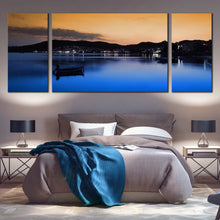Load image into Gallery viewer, Ocean Mountains Canvas Wall Art Milos Island Orange Sunset  3 Piece Canvas Print Greece Blue City Beach Boats Triptych Multi Canvas For Bedroom
