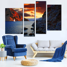 Load image into Gallery viewer, Ocean Mountains Canvas Wall Art Orange Cloudy Sky Canvas Set Harbor of Marmaris  4 Piece Canvas 
