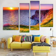 Load image into Gallery viewer, Ocean  Mountains  Canvas  Wall  Art  Orange  Ocean  Cliff  Island  Canvas  Print  Blue  Cliff  of  Moher  Living  Room  4  Piece  Canvas In Living Room
