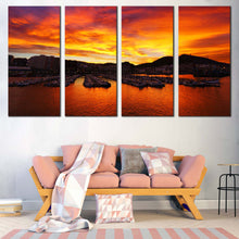 Load image into Gallery viewer, Ocean Mountains Canvas Wall Art Port Boats Mountains Sunset Multi Canvas Yellow Santurtzi Sunrise Canvas Set Orange Port Ocean  4 Piece Canvas For Living Room
