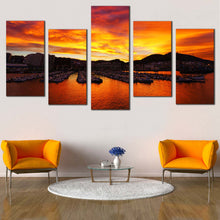 Load image into Gallery viewer, Ocean Mountains Canvas Wall Art Port Boats Mountains Sunset Multi Canvas Yellow Santurtzi Sunrise Canvas Set Orange Port Ocean  5 Piece Canvas For Living Room
