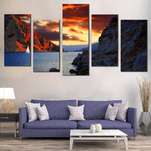 Load image into Gallery viewer, Ocean Mountains Canvas Wall Art Turkey Orange Cloudy Sky Canvas Set Harbor of Marmaris Canvas Print Red Mountain Rocks  5 Piece Canvas In Living Room
