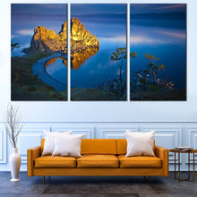 Load image into Gallery viewer, Ocean Mountains Canvas Wall Art Yellow Sharman Mountain Multi Canvas Blue Lake Baikal Cliff Landscape  3 Piece Canvas Print For Living Room
