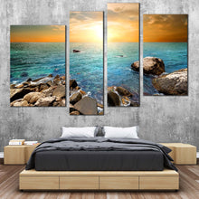 Load image into Gallery viewer, Ocean Rocks Canvas Print Blue Stony Beach  4 Piece Canvas Wall Art Yellow Cloudy Sky Sunset Multiple Canvas 
