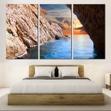 Load image into Gallery viewer, Ocean Rocks Canvas Print Inside Brown Cave Ocean  3 Piece Canvas Wall Art Yellow Cloudy Sunset Sky Canvas Set For Bedroom
