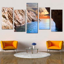 Load image into Gallery viewer, Ocean Rocks Canvas Print Inside Brown Cave Ocean  5 Piece Canvas Wall Art Yellow Cloudy Sunset Sky Canvas Set For Living Room
